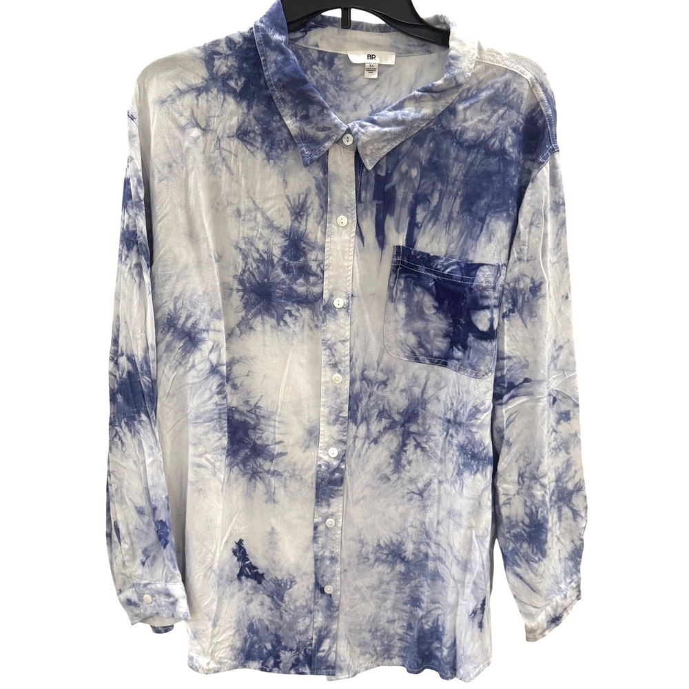 BP Plus Size 3X Blue White Tie Dye Rayon Button Front Blouse Boho Coastal